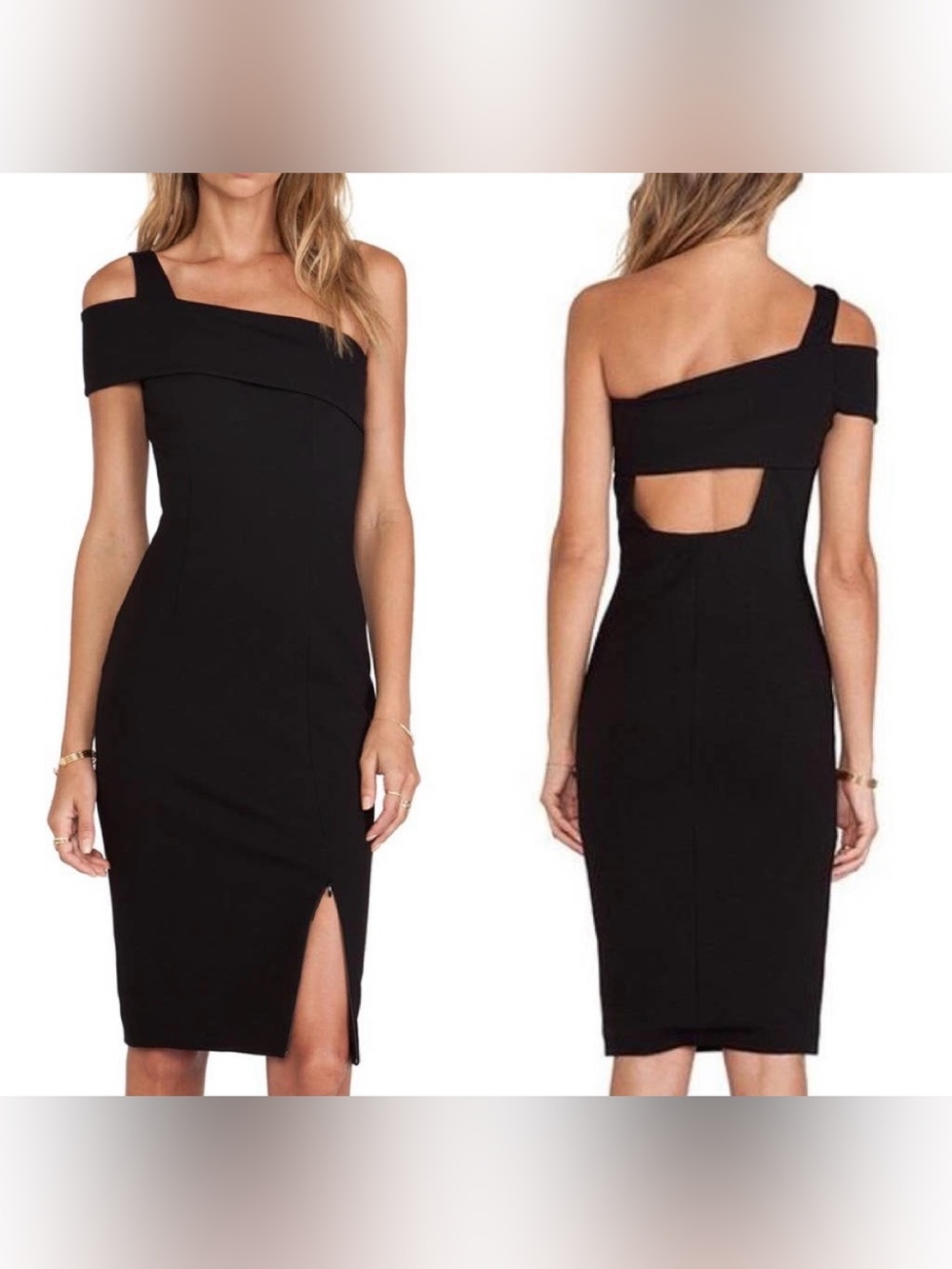 NICHOLAS Black One Shoulder Ponte Dress 2 Cocktail Sheath Cut Out Back Party LBD